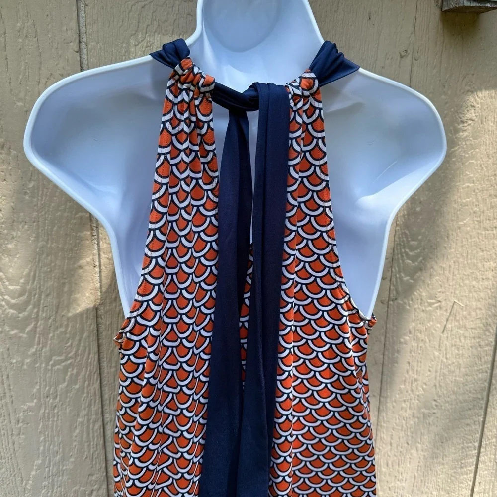 Mud Pie Women's Orange Blue White Sleeveless Tie Back Stretchy Mini Dress S - Picture 5 of 7